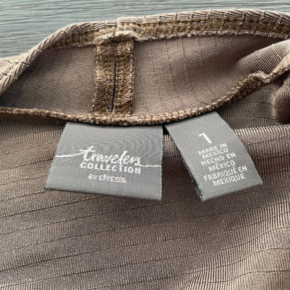 CHICO’S TRAVELERS Size 1 US Medium Open Front Dark Tan Metallic Thread Cardigan - Picture 3 of 4